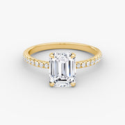 Emerald Cut - Pave Band - Classic Engagement Ring- 14 K Gold